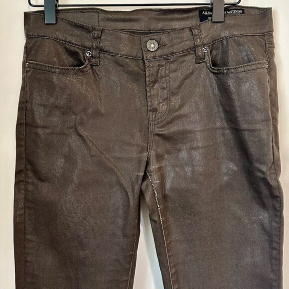 AllSaints Spitalfields Chocolate Brown Wax Coated Zipper Skinny Jeans - Size 27 - Picture 4 of 9
